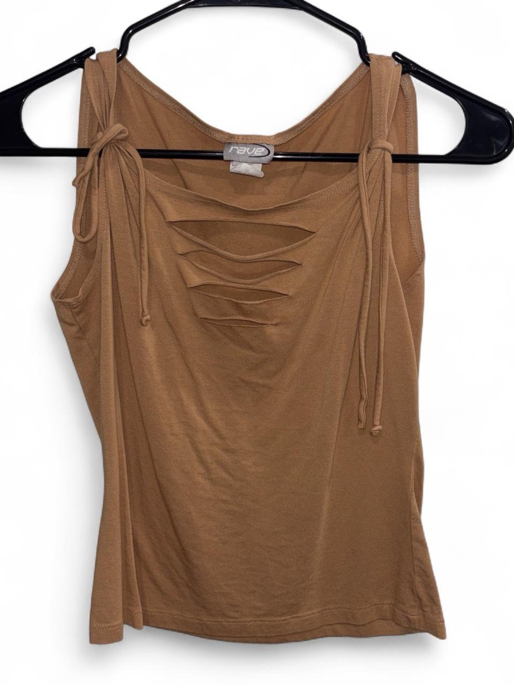 rave Brown Tie-Shoulder Slashed Front Tank Top